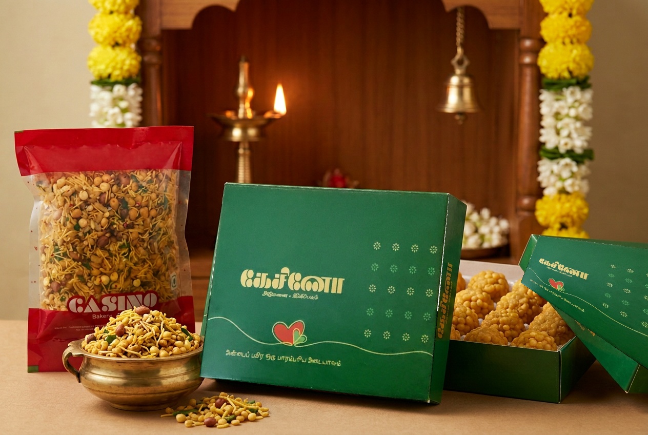 பூஜை அறைச் சூழலில் அசல் தமிழ் அச்சுடன் Casino Bakery பச்சைப் பெட்டி, அருகில் திறந்த லட்டுப் பெட்டி மற்றும் மிக்சர் பாக்கெட்
